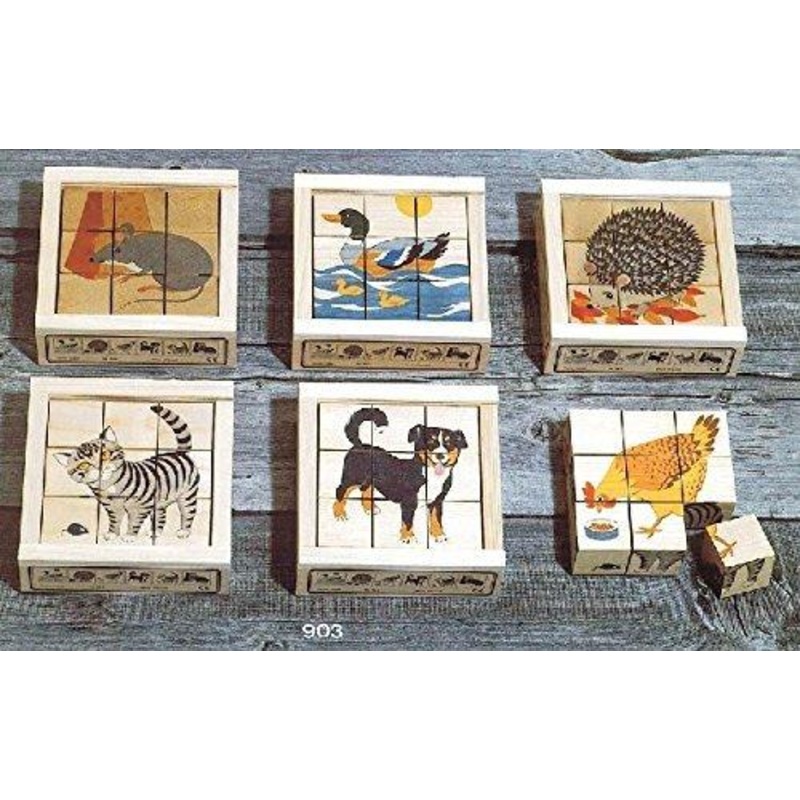 Atelier Fischer Wooden Block Cube Puzzle in Wooden Case – Domestic Animals (9 Pieces)