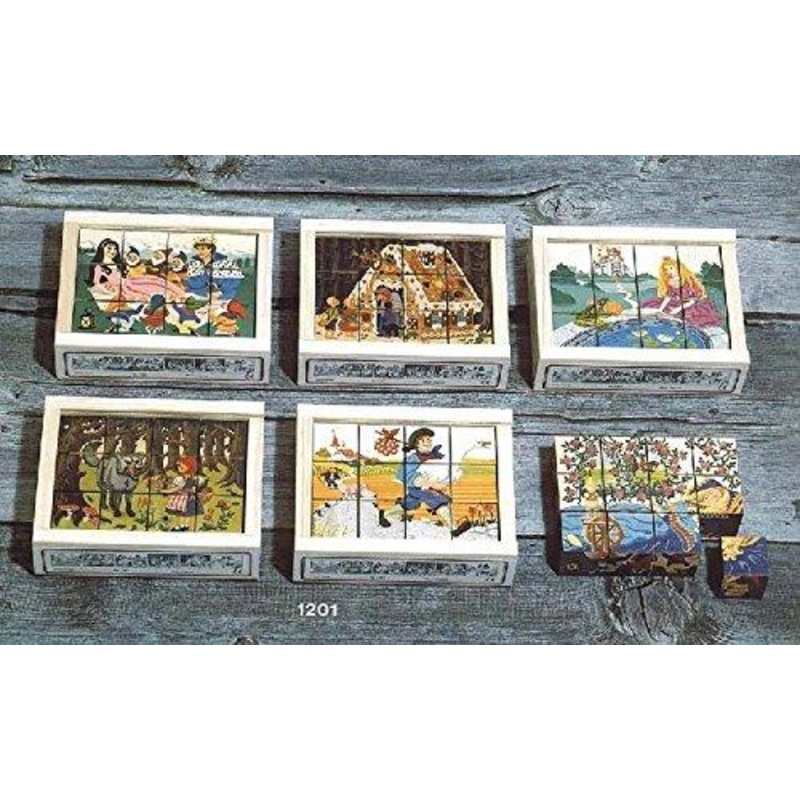 Atelier Fischer Wooden Block Cube Puzzle in Wooden Case – Fairy Tale Scenes (12 Pieces)