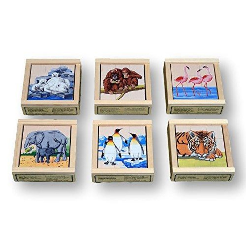 Atelier Fischer Wooden Block Cube Puzzle in Wooden Case – Zoo Animals (9 Pieces)