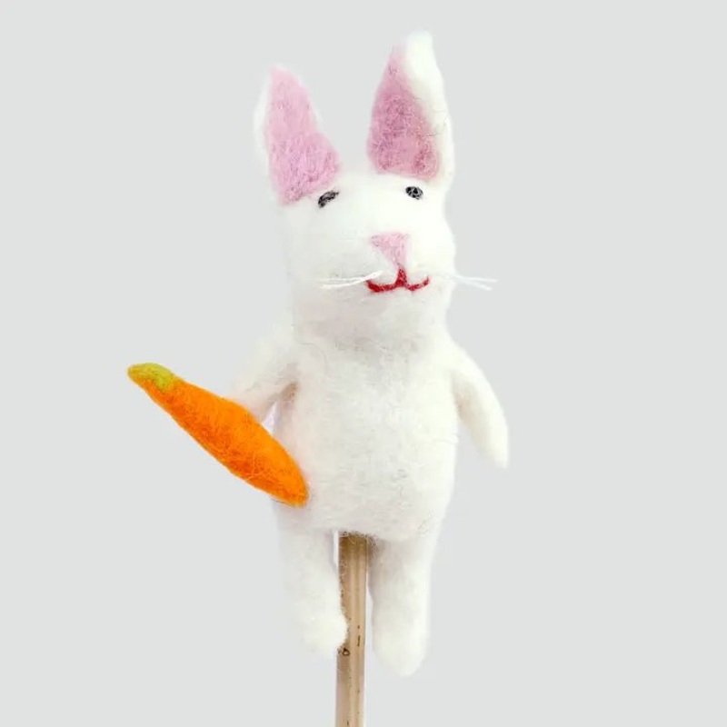 Handmade Felt Bunny Finger Puppet with Carrot (White or Grey – 5.5)