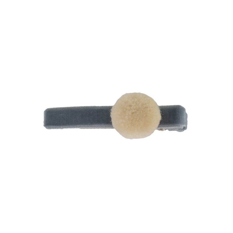 Alligator Hair Clip in Dusty Greyblue with Ivory Pom Pom by Bon Dep