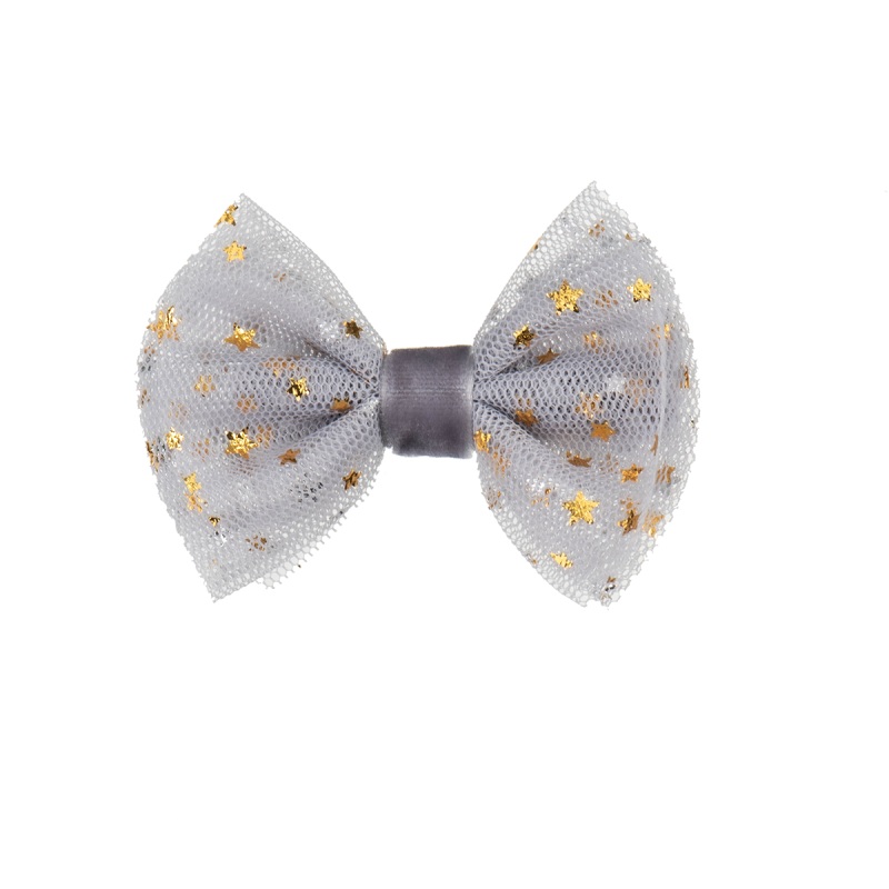 Alligator Hair Clip with Tulle Bow in Light Grey and Golden Stars by Bon Dep