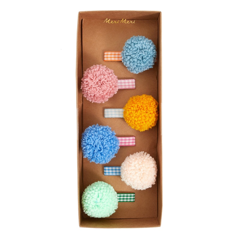 Gingham & Big Pompom Hair Clips (x 6)