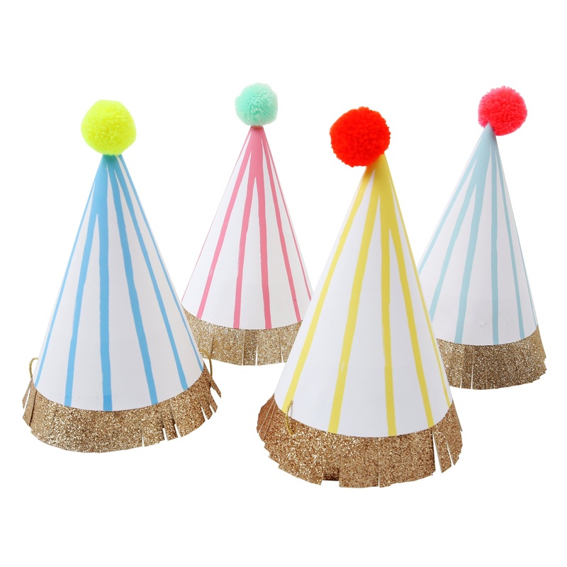 Stripe Pompom Party Hats (x 8)