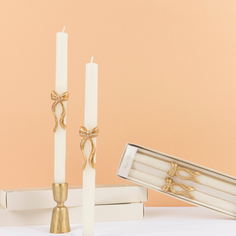 Gold Stripy Bow Table Candles (x 2)
