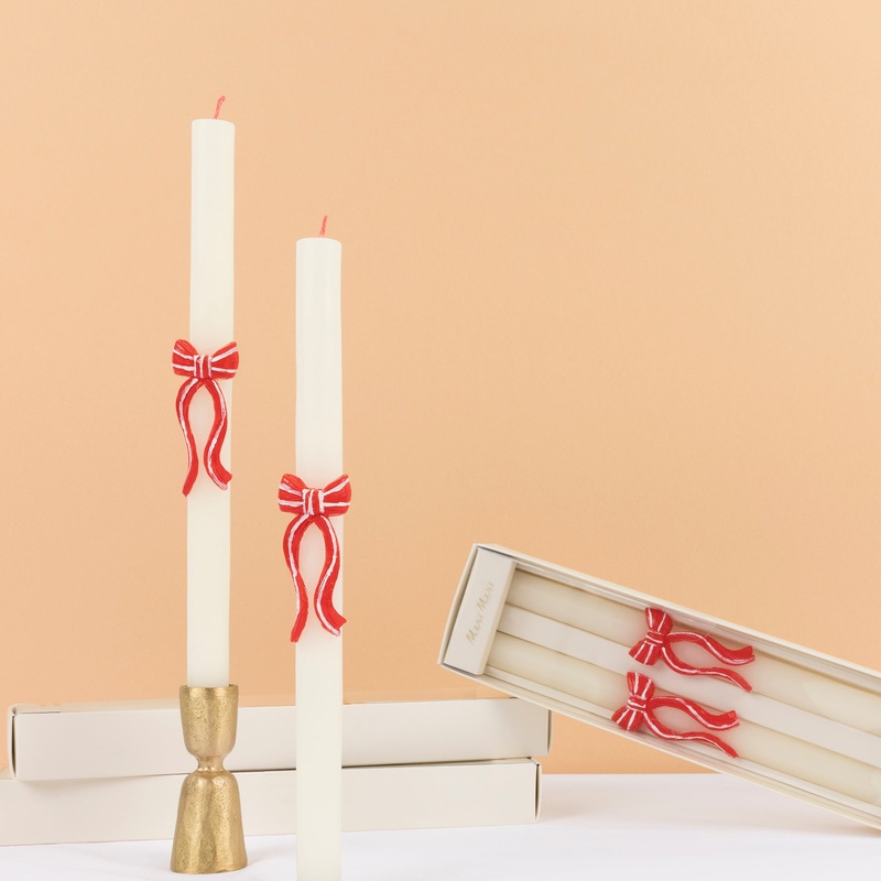 Red Stripy Bow Table Candles (x 2)