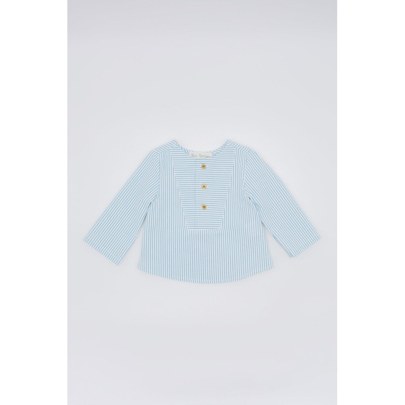 Fina Ejerique – Blue Striped Shirt with White Twill Shorts Set
