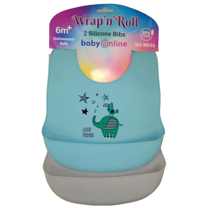 Wrap n Roll Silicone Bibs – pack of 2 – BLUE/GREY