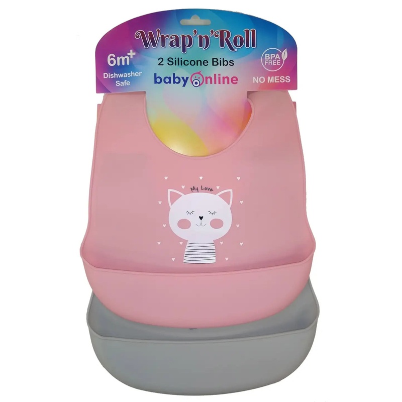 Wrap n Roll Silicone Bibs – pack of 2 – PINK/GREY