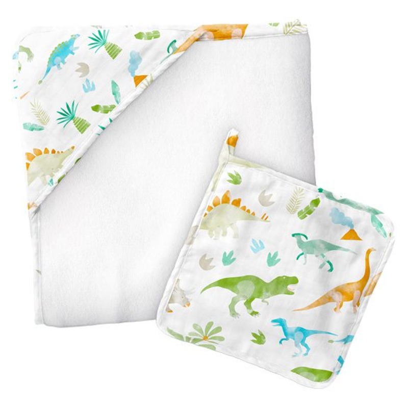 Dino Muslin Hooded Towel with Washcloth by Stephen Joseph