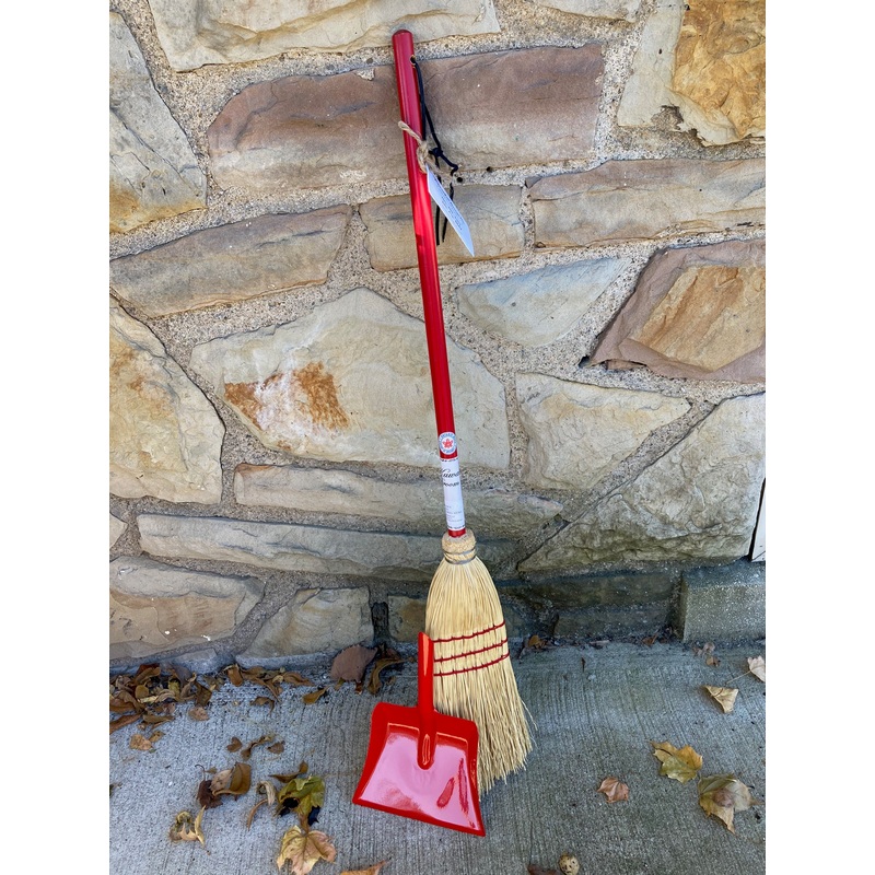 Child’s Red WOODEN BROOM and Red Metal DUST PAN