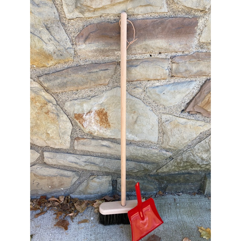 Child’s WOODEN BROOM and Red Metal DUST PAN