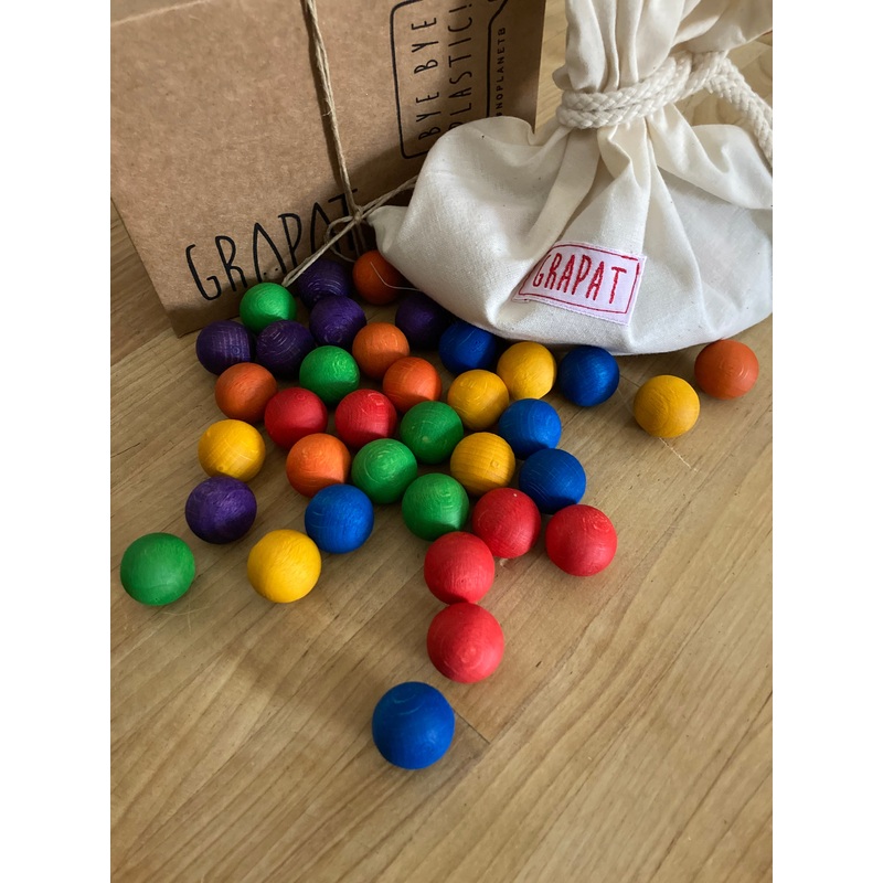 Activity Set – Bag of WOODEN MARBLES by Grapat, 36 pieces!