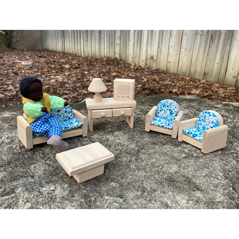Wooden Dollhouse Furniture – LIVING ROOM, with Cotton Cushions!