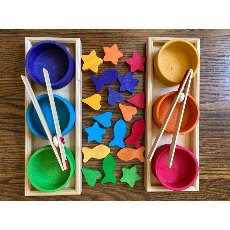 Wooden Toy Game – Grimm’s RAINBOW BOWLS SORTING SET, 28 pieces!
