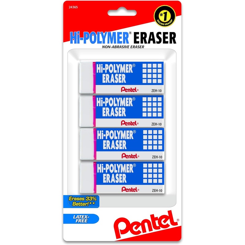 Pentel Hi-Polymer Erasers, White, Pack Of 4
