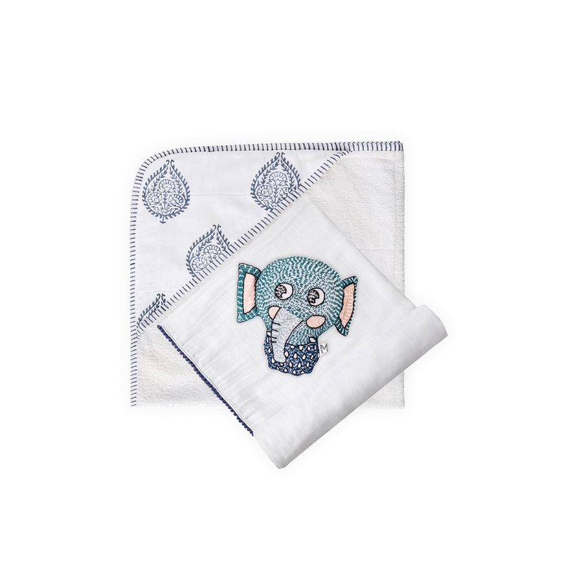 3 Pc Newborn Essential Set – Hooded Towel, Swaddle + Toy Rattle
